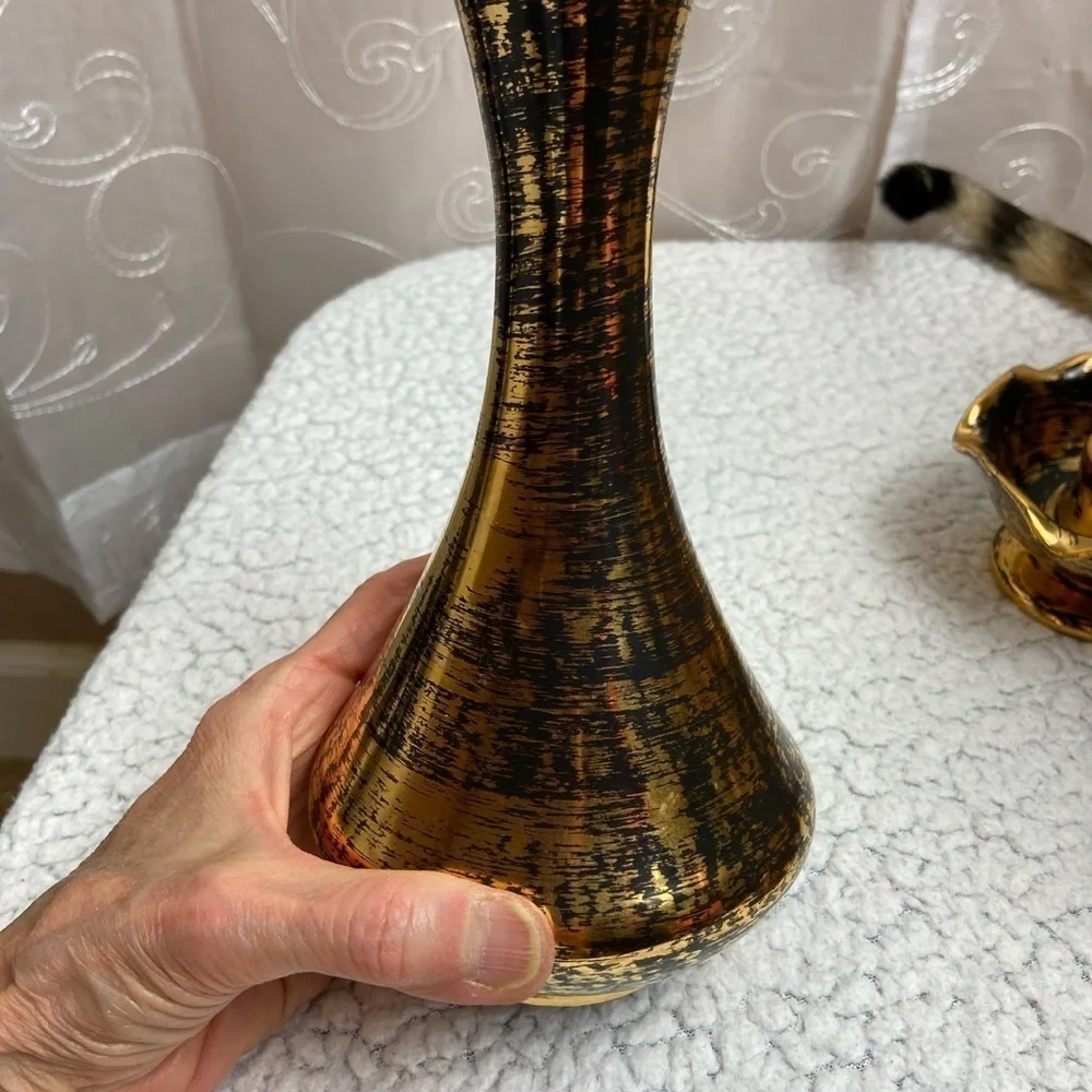 Vintage Stangl 22k Black Gold Vase/2 Candle Holders